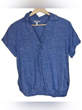 Banana republic Blue Linen-Blend Split V-Neck Top
